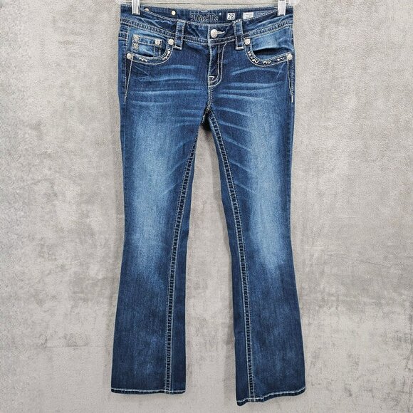 Miss Me Signature Boot Jeans 28 Blue Embroidered Rhinestone Crosses Bling Denim - Picture 13 of 13